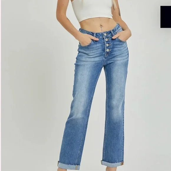 RISEN High Rise Button Fly Ankle Straight Leg. Size 5 /27” - Picture 1 of 16